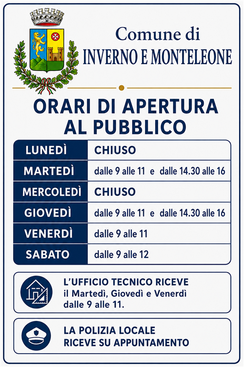 Orari di apertura al Pubblico Uffici Comunali